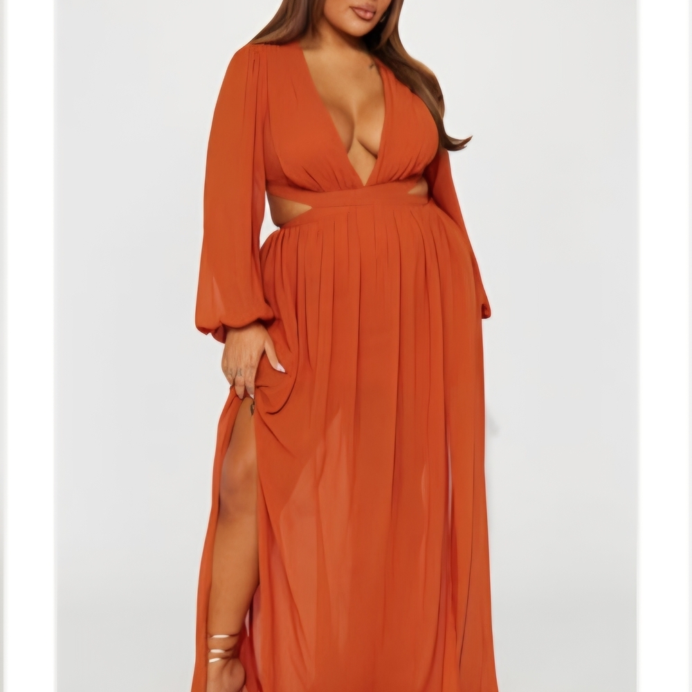 Plus Size Deep V-Neck Long Sleeve Maxi Dress in Rust